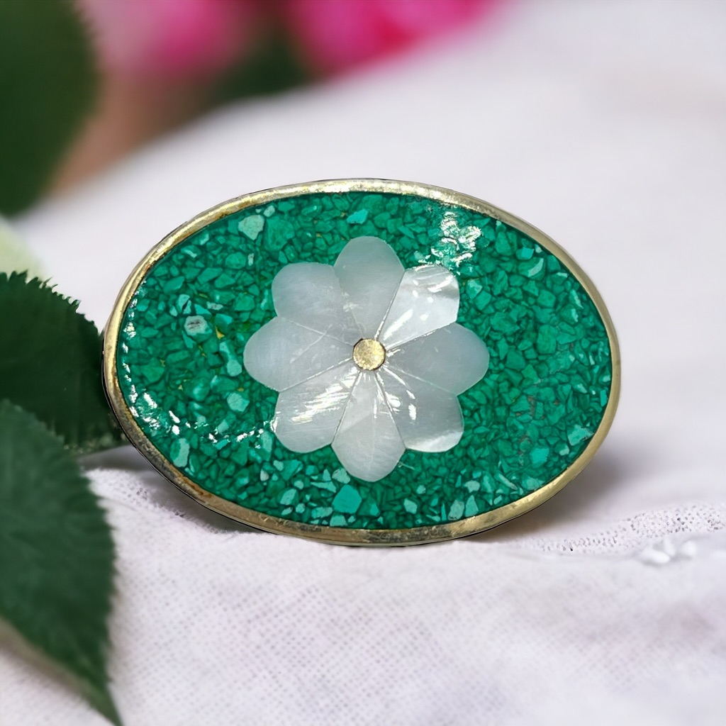 Vintage Alpaca Mexico Silver Tone Abalone Turquoise Oval Pendant Brooch Pin 32$